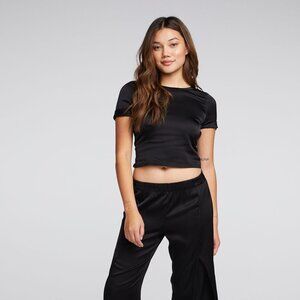 Stretch Silky Basics Cropped Open Back Tie Tee - Chaser  NWT XS